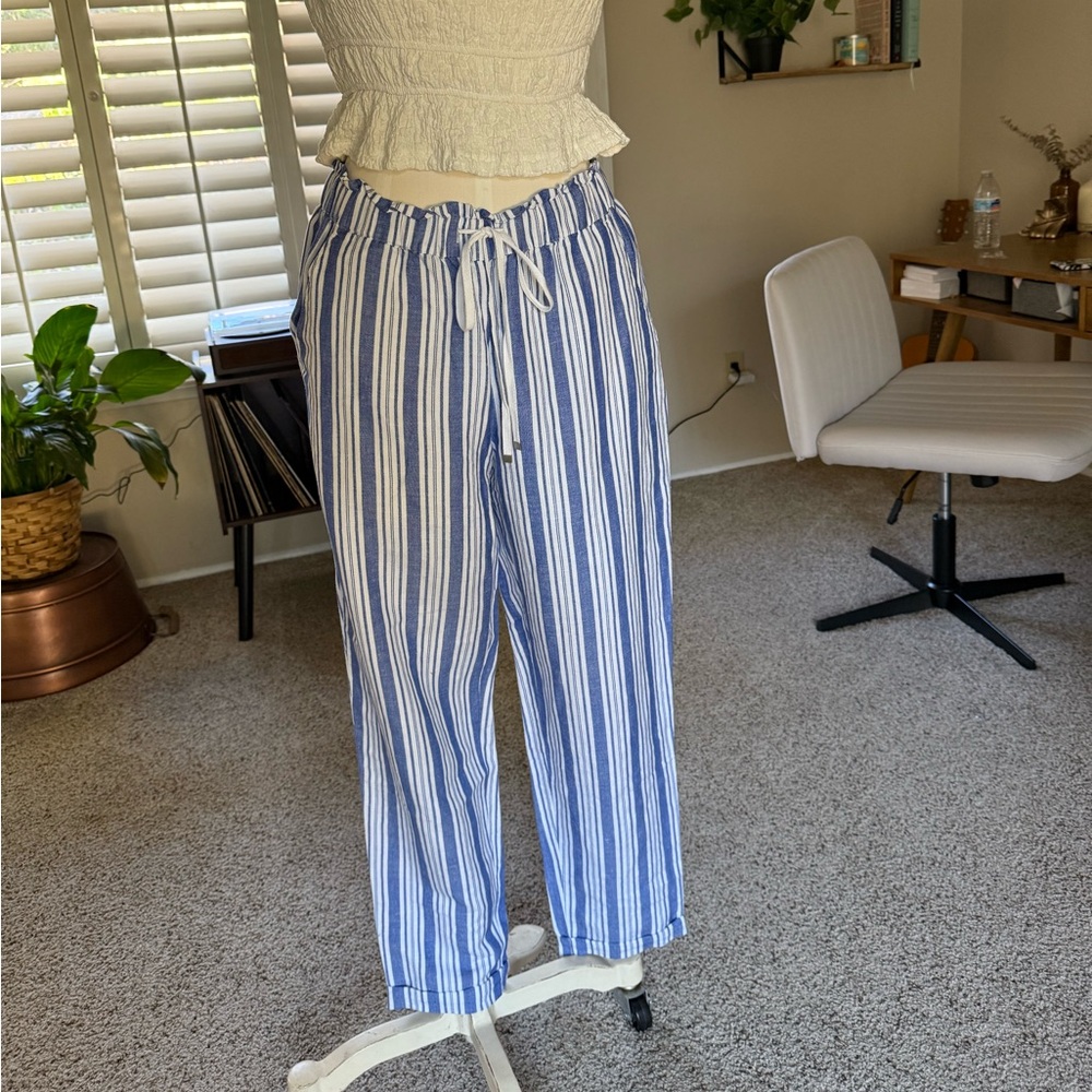 Loft blue and white striped beach casual lounge summer pant linen blend small
